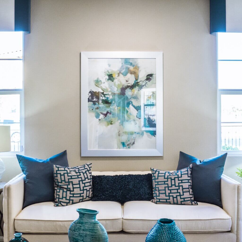 Living room designed around blue art