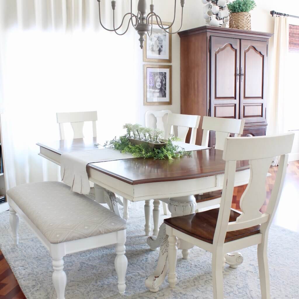 Dining table and upholstered bench